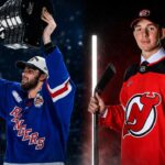 A split-panel graphic showcasing recent NHL roster updates. On the left, Jack Pridham (acquired by the Tampa Bay Lightning) lifts a trophy in a Kitchener Rangers jersey. On the right, Anton Silayev poses in a New Jersey Devils uniform with a hockey stick.