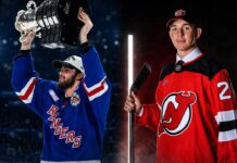 The Cup Final is Set! Plus, Lightning & Devils Make Splash Off-Season Moves A split-panel graphic showcasing recent NHL roster updates. On the left, Jack Pridham (acquired by the Tampa Bay Lightning) lifts a trophy in a Kitchener Rangers jersey. On the right, Anton Silayev poses in a New Jersey Devils uniform with a hockey stick.