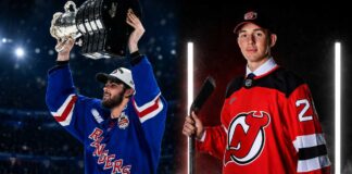 A split-panel graphic showcasing recent NHL roster updates. On the left, Jack Pridham (acquired by the Tampa Bay Lightning) lifts a trophy in a Kitchener Rangers jersey. On the right, Anton Silayev poses in a New Jersey Devils uniform with a hockey stick.