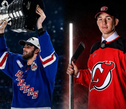 A split-panel graphic showcasing recent NHL roster updates. On the left, Jack Pridham (acquired by the Tampa Bay Lightning) lifts a trophy in a Kitchener Rangers jersey. On the right, Anton Silayev poses in a New Jersey Devils uniform with a hockey stick.