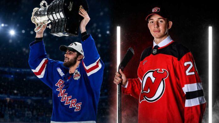 nhl-news-june-1-2026 A split-panel graphic showcasing recent NHL roster updates. On the left, Jack Pridham (acquired by the Tampa Bay Lightning) lifts a trophy in a Kitchener Rangers jersey. On the right, Anton Silayev poses in a New Jersey Devils uniform with a hockey stick.