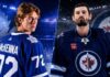 Gavin McKenna in a Toronto Maple Leafs jersey beside Connor Hellebuyck in a Winnipeg Jets jersey for latest NHL News and trade rumors