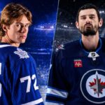 Gavin McKenna in a Toronto Maple Leafs jersey beside Connor Hellebuyck in a Winnipeg Jets jersey for latest NHL News and trade rumors