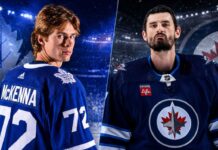 Gavin McKenna in a Toronto Maple Leafs jersey beside Connor Hellebuyck in a Winnipeg Jets jersey for latest NHL News and trade rumors