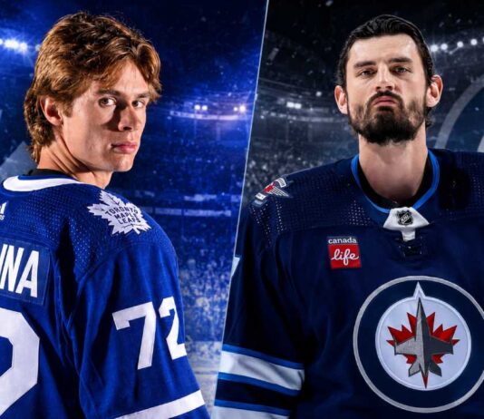 Gavin McKenna in a Toronto Maple Leafs jersey beside Connor Hellebuyck in a Winnipeg Jets jersey for latest NHL News and trade rumors