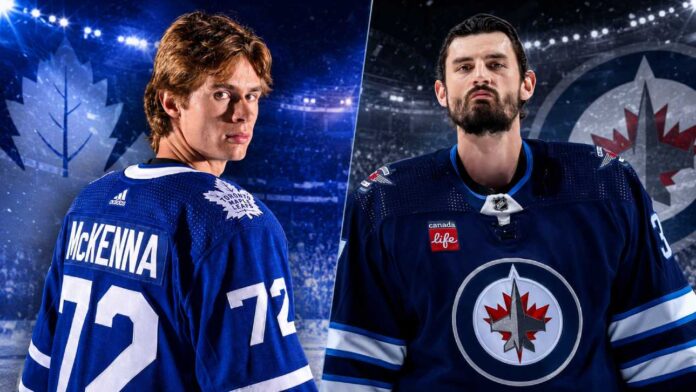 Gavin McKenna in a Toronto Maple Leafs jersey beside Connor Hellebuyck in a Winnipeg Jets jersey for latest NHL News and trade rumors