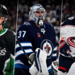 Jason Robertson, Connor Hellebuyck and Zach Werenski featured in a 3-way NHL News trade rumors graphic as offseason buzz heats up before free agency.