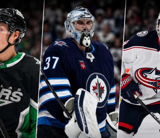 Jason Robertson, Connor Hellebuyck and Zach Werenski featured in a 3-way NHL News trade rumors graphic as offseason buzz heats up before free agency.
