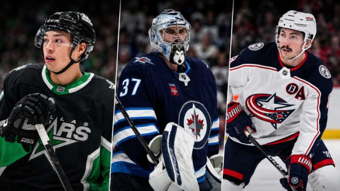 Jason Robertson, Connor Hellebuyck and Zach Werenski featured in a 3-way NHL News trade rumors graphic as offseason buzz heats up before free agency.