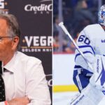 Split image highlighting major NHL news: Left panel shows John Tortorella during a Vegas Golden Knights press conference (Torts is not returning as coach); right panel shows goaltender Joseph Woll in Toronto Maple Leafs gear (traded to Philadelphia Flyers).