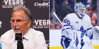 Latest NHL News and NHL Scores: Woll Traded, Torts Exits Vegas Split image highlighting major NHL news: Left panel shows John Tortorella during a Vegas Golden Knights press conference (Torts is not returning as coach); right panel shows goaltender Joseph Woll in Toronto Maple Leafs gear (traded to Philadelphia Flyers).