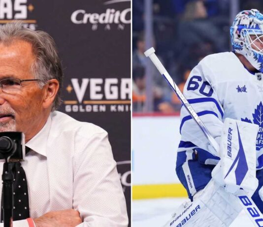 Split image highlighting major NHL news: Left panel shows John Tortorella during a Vegas Golden Knights press conference (Torts is not returning as coach); right panel shows goaltender Joseph Woll in Toronto Maple Leafs gear (traded to Philadelphia Flyers).