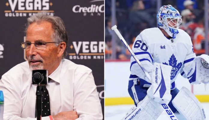 nhl-news-rumors-june-16-2026 Split image highlighting major NHL news: Left panel shows John Tortorella during a Vegas Golden Knights press conference (Torts is not returning as coach); right panel shows goaltender Joseph Woll in Toronto Maple Leafs gear (traded to Philadelphia Flyers).