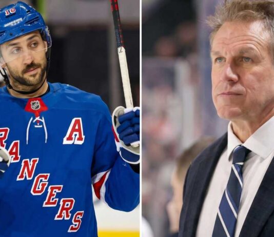 NHL News and Hockey News: Leafs Hire Hiller & Trocheck Trade Rumors A split photo featuring Vincent Trocheck in a New York Rangers jersey (left) and newly hired Toronto Maple Leafs head coach Jim Hiller (right), representing the latest NHL news and hockey news.