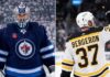 A vertical split image featuring Winnipeg Jets goalie Connor Hellebuyck in his full gear looking forward on the left, and a rear view of Boston Bruins legend Patrice Bergeron waving to the crowd showing his name and iconic jersey number 37 on the right.