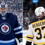 A vertical split image featuring Winnipeg Jets goalie Connor Hellebuyck in his full gear looking forward on the left, and a rear view of Boston Bruins legend Patrice Bergeron waving to the crowd showing his name and iconic jersey number 37 on the right.