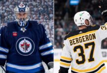Latest NHL News: Bruins Retire Bergeron’s #37, Sharks-Sabres Trade & Hellebuyck Rumors A vertical split image featuring Winnipeg Jets goalie Connor Hellebuyck in his full gear looking forward on the left, and a rear view of Boston Bruins legend Patrice Bergeron waving to the crowd showing his name and iconic jersey number 37 on the right.