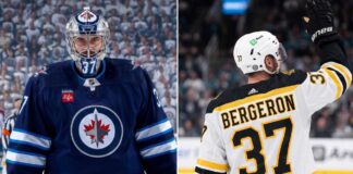 A vertical split image featuring Winnipeg Jets goalie Connor Hellebuyck in his full gear looking forward on the left, and a rear view of Boston Bruins legend Patrice Bergeron waving to the crowd showing his name and iconic jersey number 37 on the right.