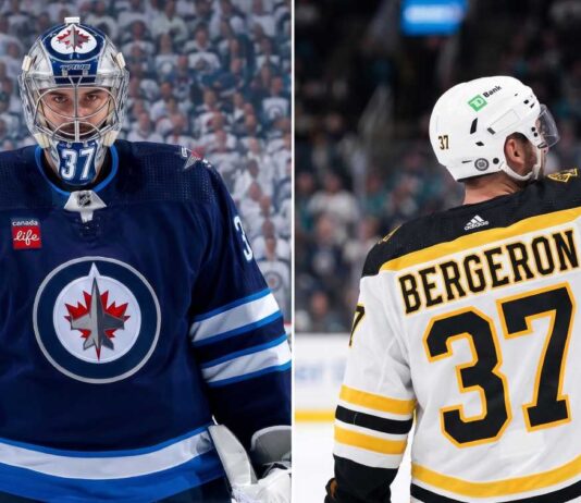 A vertical split image featuring Winnipeg Jets goalie Connor Hellebuyck in his full gear looking forward on the left, and a rear view of Boston Bruins legend Patrice Bergeron waving to the crowd showing his name and iconic jersey number 37 on the right.
