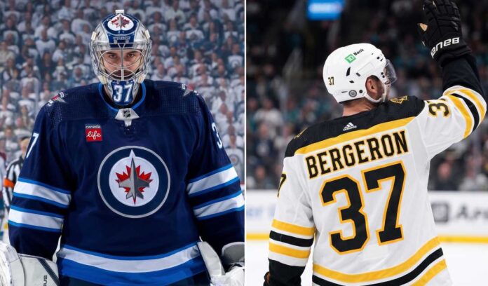 nhl-news-rumors-june-18-2026 A vertical split image featuring Winnipeg Jets goalie Connor Hellebuyck in his full gear looking forward on the left, and a rear view of Boston Bruins legend Patrice Bergeron waving to the crowd showing his name and iconic jersey number 37 on the right.