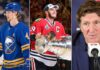 Latest NHL News: Babcock Cleared, Toews Retires & Byram Rumors A split photo illustrating today's biggest NHL news and hockey news: (Left) Bowen Byram in a Buffalo Sabres jersey on the ice; (Center) Jonathan Toews in a Chicago Blackhawks jersey celebrating with the Stanley Cup; (Right) Coach Mike Babcock speaking at a press conference.