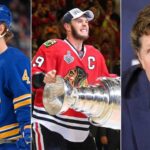 A split photo illustrating today's biggest NHL news and hockey news: (Left) Bowen Byram in a Buffalo Sabres jersey on the ice; (Center) Jonathan Toews in a Chicago Blackhawks jersey celebrating with the Stanley Cup; (Right) Coach Mike Babcock speaking at a press conference.