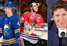 A split photo illustrating today's biggest NHL news and hockey news: (Left) Bowen Byram in a Buffalo Sabres jersey on the ice; (Center) Jonathan Toews in a Chicago Blackhawks jersey celebrating with the Stanley Cup; (Right) Coach Mike Babcock speaking at a press conference.
