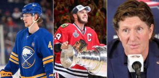A split photo illustrating today's biggest NHL news and hockey news: (Left) Bowen Byram in a Buffalo Sabres jersey on the ice; (Center) Jonathan Toews in a Chicago Blackhawks jersey celebrating with the Stanley Cup; (Right) Coach Mike Babcock speaking at a press conference.