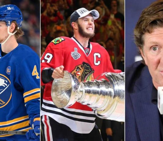 A split photo illustrating today's biggest NHL news and hockey news: (Left) Bowen Byram in a Buffalo Sabres jersey on the ice; (Center) Jonathan Toews in a Chicago Blackhawks jersey celebrating with the Stanley Cup; (Right) Coach Mike Babcock speaking at a press conference.