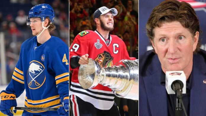nhl-news-rumors-june-19-2026 A split photo illustrating today's biggest NHL news and hockey news: (Left) Bowen Byram in a Buffalo Sabres jersey on the ice; (Center) Jonathan Toews in a Chicago Blackhawks jersey celebrating with the Stanley Cup; (Right) Coach Mike Babcock speaking at a press conference.
