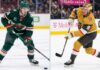 NHL News and NHL Scores: 2026 Stanley Cup Final & Trade Rumors Split-screen image of NHL stars Quinn Hughes of the Vancouver Canucks (left) and Jack Eichel of the Vegas Golden Knights (right) in action.