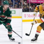 NHL News and NHL Scores: 2026 Stanley Cup Final & Trade Rumors Split-screen image of NHL stars Quinn Hughes of the Vancouver Canucks (left) and Jack Eichel of the Vegas Golden Knights (right) in action.