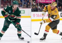NHL News and NHL Scores: 2026 Stanley Cup Final & Trade Rumors Split-screen image of NHL stars Quinn Hughes of the Vancouver Canucks (left) and Jack Eichel of the Vegas Golden Knights (right) in action.