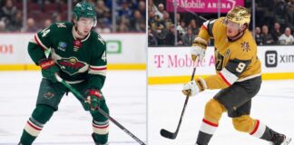 NHL News and NHL Scores: 2026 Stanley Cup Final & Trade Rumors Split-screen image of NHL stars Quinn Hughes of the Vancouver Canucks (left) and Jack Eichel of the Vegas Golden Knights (right) in action.