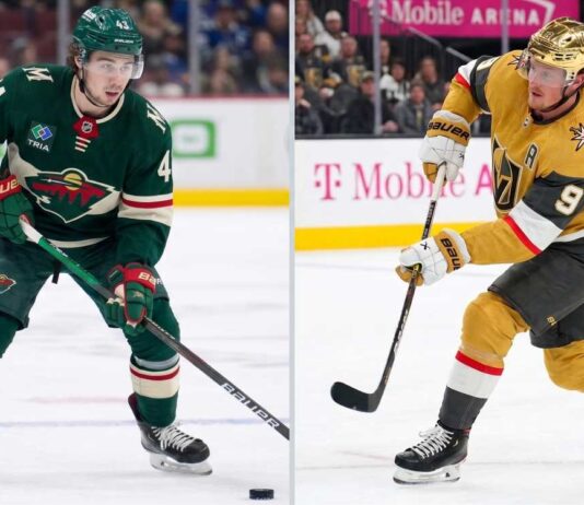 NHL News and NHL Scores: 2026 Stanley Cup Final & Trade Rumors Split-screen image of NHL stars Quinn Hughes of the Vancouver Canucks (left) and Jack Eichel of the Vegas Golden Knights (right) in action.
