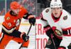 Latest NHL News and Hockey News: Formenton UFA, Terry Injury Split screen image of Troy Terry and Alex Formenton in their respective hockey jerseys, on the ice during an NHL game, under focused gaze.