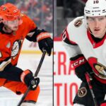 Latest NHL News and Hockey News: Formenton UFA, Terry Injury Split screen image of Troy Terry and Alex Formenton in their respective hockey jerseys, on the ice during an NHL game, under focused gaze.