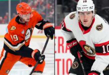 Split screen image of Troy Terry and Alex Formenton in their respective hockey jerseys, on the ice during an NHL game, under focused gaze.