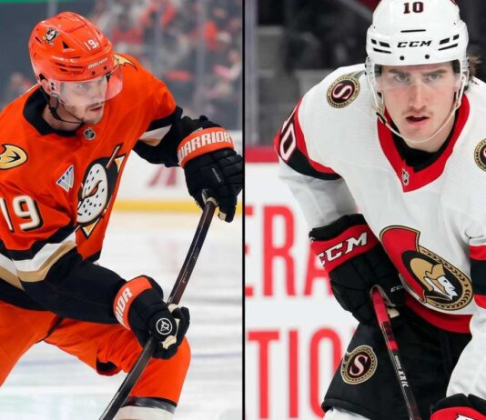 Latest NHL News and Hockey News: Formenton UFA, Terry Injury Split screen image of Troy Terry and Alex Formenton in their respective hockey jerseys, on the ice during an NHL game, under focused gaze.