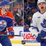Latest NHL News & Trade Rumors: Oilers Contract, Leafs Trades & Draft Order Split image featuring Jason Dickinson in an Edmonton Oilers jersey (left) following his contract extension, and Matthew Knies in a Toronto Maple Leafs jersey (right) amid current NHL trade rumors.