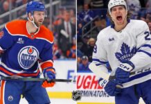 Latest NHL News & Trade Rumors: Oilers Contract, Leafs Trades & Draft Order Split image featuring Jason Dickinson in an Edmonton Oilers jersey (left) following his contract extension, and Matthew Knies in a Toronto Maple Leafs jersey (right) amid current NHL trade rumors.