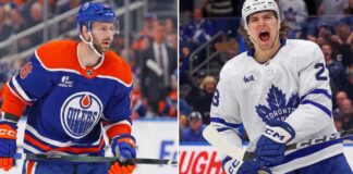 Split image featuring Jason Dickinson in an Edmonton Oilers jersey (left) following his contract extension, and Matthew Knies in a Toronto Maple Leafs jersey (right) amid current NHL trade rumors.