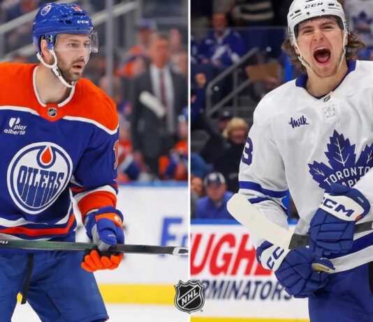 Latest NHL News & Trade Rumors: Oilers Contract, Leafs Trades & Draft Order Split image featuring Jason Dickinson in an Edmonton Oilers jersey (left) following his contract extension, and Matthew Knies in a Toronto Maple Leafs jersey (right) amid current NHL trade rumors.