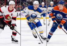 Latest NHL News: Brady Tkachuk Trade, 2026 Draft Rumors & Oilers Updates A three-way split graphic featuring NHL players Brady Tkachuk (Ottawa Senators), Bowen Byram (Buffalo Sabres), and Connor Murphy (Edmonton Oilers) in game action.