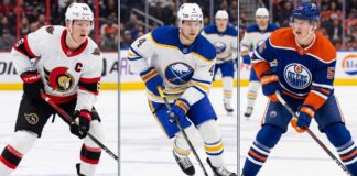 A three-way split graphic featuring NHL players Brady Tkachuk (Ottawa Senators), Bowen Byram (Buffalo Sabres), and Connor Murphy (Edmonton Oilers) in game action.