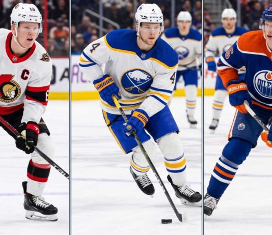 Latest NHL News: Brady Tkachuk Trade, 2026 Draft Rumors & Oilers Updates A three-way split graphic featuring NHL players Brady Tkachuk (Ottawa Senators), Bowen Byram (Buffalo Sabres), and Connor Murphy (Edmonton Oilers) in game action.