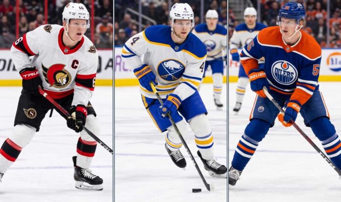 A three-way split graphic featuring NHL players Brady Tkachuk (Ottawa Senators), Bowen Byram (Buffalo Sabres), and Connor Murphy (Edmonton Oilers) in game action.