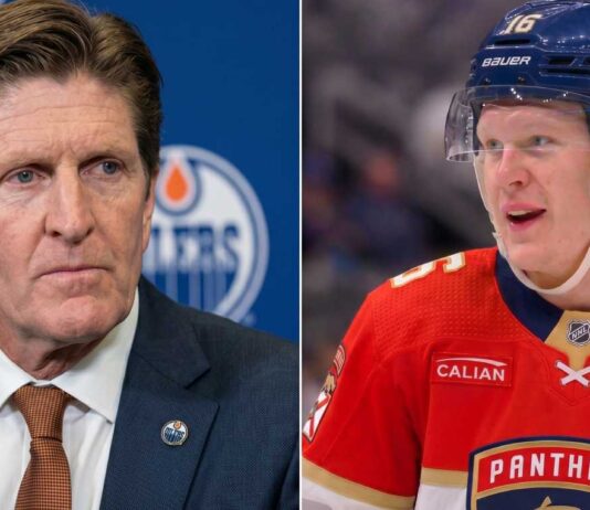 Split image of newly hired Edmonton Oilers head coach Mike Babcock and newly acquired Florida Panthers forward Brady Tkachuk highlighting today's latest NHL news and offseason changes.