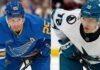 A professional comparison graphic for an NHL blog post, featuring St. Louis Blues forward Jordan Kyrou (left, blue Stifel jersey #25) and San Jose Sharks forward William Eklund (right, white SAP jersey #72). Both players are shown in focused, serious postures on the ice.