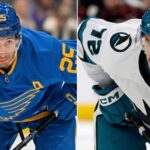 A professional comparison graphic for an NHL blog post, featuring St. Louis Blues forward Jordan Kyrou (left, blue Stifel jersey #25) and San Jose Sharks forward William Eklund (right, white SAP jersey #72). Both players are shown in focused, serious postures on the ice.